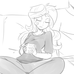 Size: 500x500 | Tagged: dead source, safe, artist:reiduran, sunset shimmer, oc, oc:anon, equestria girls, g4, canon x oc, clothes, couch, eyes closed, grayscale, monochrome, mug, pants, relaxing, shirt, sitting, sketch, smiling, solo focus