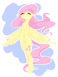 Size: 708x946 | Tagged: safe, artist:khaon, fluttershy, pegasus, pony, g4, eyes closed, female, floppy ears, flying, happy, mare, smiling, solo, spread wings, wings
