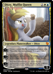 Size: 375x523 | Tagged: safe, artist:cannibalus, derpy hooves, g4, crown, food, jewelry, magic the gathering, muffin, muffin queen, planeswalker, regalia, throne, trading card, trading card edit