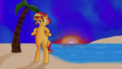 Size: 1024x576 | Tagged: safe, artist:exxticcy, sunset shimmer, pony, unicorn, g4, beach, bipedal, female, hooves on hips, palm tree, shading, solo, tree, water