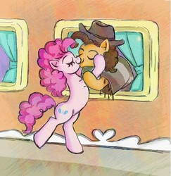 Size: 876x900 | Tagged: safe, artist:arimovergremrider, cheese sandwich, pinkie pie, g4, female, kissing, male, ship:cheesepie, shipping, straight, train, train station