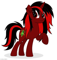 Size: 5464x5816 | Tagged: safe, artist:suramii, oc, oc only, oc:anzu, pony, unicorn, g4, absurd resolution, horn, movie accurate, raised hoof, red and black oc, simple background, smiling, solo, transparent background, unicorn oc