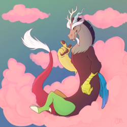 Size: 1280x1280 | Tagged: safe, artist:cinderdmutt, discord, draconequus, g4, cloud, cotton candy, cotton candy cloud, eyebrows, food, grin, horns, male, mismatched hooves, mismatched legs, on a cloud, sitting, sitting on a cloud, smiling, snaggletooth, solo, wings