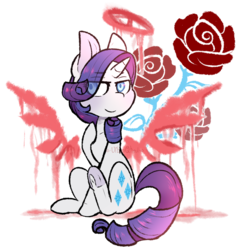 Size: 857x875 | Tagged: safe, artist:urbanqhoul, rarity, g4, eye clipping through hair, female, flower, frog (hoof), hair over one eye, halo, rose, simple background, solo, transparent background, underhoof, wings