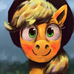 Size: 1000x1000 | Tagged: safe, artist:toisanemoif, applejack, g4, adoracreepy, creepy, cute, female, looking at you, smiling, solo, uncanny valley, wat