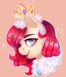 Size: 918x1080 | Tagged: safe, artist:jeffapegas, oc, oc only, pony, bust, crown, jewelry, looking at you, regalia, simple background, smiling, solo