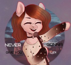 Size: 1876x1716 | Tagged: safe, artist:jeffapegas, oc, oc only, pony, semi-anthro, bipedal, clothes, eyes closed, female, lyrics, mare, microphone, never gonna give you up, rick astley, rickroll, shirt, singing, smiling, solo, song reference