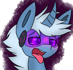 Size: 1937x1865 | Tagged: safe, artist:askhypnoswirl, oc, oc only, pony, unicorn, bust, horn, hypnogear, hypnosis, open mouth, simple background, swirly eyes, tongue out, transparent background, unicorn oc, visor