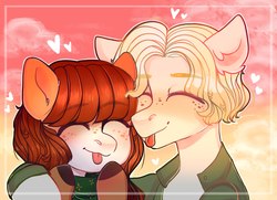 Size: 2431x1761 | Tagged: safe, artist:jeffapegas, oc, oc only, oc:sophie, pony, clothes, cute, eyes closed, female, freckles, heart, male, mare, oc x oc, shipping, smiling, stallion, straight, tongue out