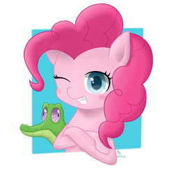 Size: 1000x1000 | Tagged: safe, artist:zoxriver503, gummy, pinkie pie, alligator, pony, g4, crossed arms, duo, one eye closed, simple background, white background