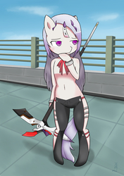 Size: 900x1280 | Tagged: safe, artist:zoxriver503, pony, belly button, bipedal, bridge, closers, clothes, female, levia (closers), ponified, scythe, solo, weapon