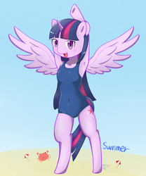 Size: 1000x1200 | Tagged: safe, artist:zoxriver503, twilight sparkle, alicorn, crab, semi-anthro, g4, arm behind head, armpits, beach, bipedal, clothes, female, one-piece swimsuit, solo, stretching, summer, swimsuit, twilight sparkle (alicorn)