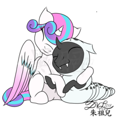 Size: 1024x1024 | Tagged: safe, artist:dark-x-light, princess flurry heart, thorax, changeling, changeling larva, g4, age regression, female, male, ship:flurrax, shipping, simple background, straight, transparent background, watermark, younger