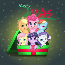 Size: 1600x1600 | Tagged: safe, artist:zoxriver503, applejack, fluttershy, pinkie pie, rainbow dash, rarity, twilight sparkle, pony, g4, box, christmas, holiday, mane six, pony in a box, present