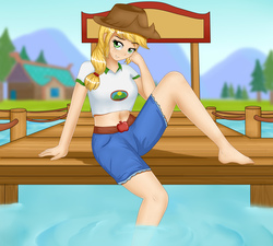 Size: 2000x1800 | Tagged: safe, artist:focusb, applejack, human, equestria girls, g4, my little pony equestria girls: legend of everfree, barefoot, belly button, camp everfree, camp everfree logo, camp everfree outfits, clothes, cute, feet, female, humanized, jackabetes, midriff, pier, shorts, solo, water