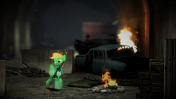Size: 1366x768 | Tagged: safe, artist:whirlhorse, oc, oc only, oc:windy whirls, 3d, campfire, car, clothes, fire, gmod, gun, scarf, sleeping bag, tunnel, weapon