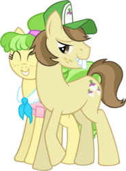 Size: 327x444 | Tagged: safe, artist:thecheri, chickadee, hayseed turnip truck, ms. peachbottom, earth pony, pony, g4, bucktooth, duo, female, male, mare, ship:peachtruck, shipping, simple background, stallion, straight, transparent background