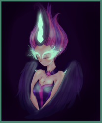 Size: 1000x1200 | Tagged: safe, artist:maitaniyamaghostmag, twilight sparkle, human, equestria girls, g4, my little pony equestria girls: friendship games, bust, clothes, eyes closed, female, glowing, humanized, midnight sparkle, portrait, self winghug, solo, wings