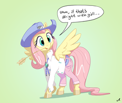 Size: 7600x6400 | Tagged: safe, artist:docwario, fluttershy, pegasus, pony, absurd resolution, accent, belt, bolo tie, clothes, cowboy hat, cute, dialogue, female, gradient background, hat, head turn, mare, open mouth, pants, pocket, realistic horse legs, shirt, shyabetes, solo, speech bubble, spread wings, straw in mouth, talking, unshorn fetlocks, wings, y'all