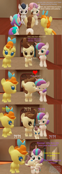 Size: 1920x5400 | Tagged: safe, artist:papadragon69, pound cake, princess flurry heart, pumpkin cake, rumble, sweetie belle, oc, unnamed oc, g4, 3d, alternate ending, baby, baby alicorn, baby baby pony, baby pony, comic, diaper, eyes on the prize, female, heart, kissing, looking at each other, male, offspring, parent:pound cake, parent:princess flurry heart, parents:poundflurry, ship:poundflurry, shipping, source filmmaker, straight