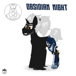 Size: 1600x1600 | Tagged: safe, artist:sanyo2100, oc, oc only, oc:obsidian night, pony, unicorn, amputee, looking at you, male, prosthetic limb, prosthetics, smiling, solo, stallion