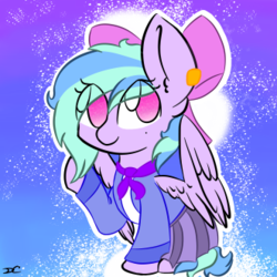 Size: 331x331 | Tagged: safe, artist:winternight0915, oc, oc only, pegasus, pony, bow, clothes, ear piercing, female, hair bow, mare, no pupils, piercing, qt, raised hoof, school uniform, sitting, skirt, solo, spread wings, wings