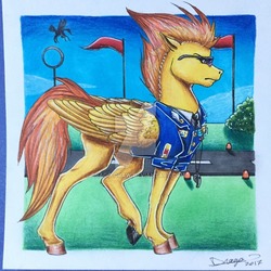 Size: 1024x1024 | Tagged: safe, artist:drago-draw, spitfire, g4, female, realistic horse legs, solo, sunglasses, traditional art, watermark, whistle, wonderbolts dress uniform
