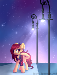 Size: 1024x1346 | Tagged: safe, artist:scarlet-spectrum, oc, oc only, oc:amber chestnut, pegasus, pony, ear piercing, female, lamppost, mare, night, piercing, smiling, solo