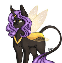 Size: 1024x1036 | Tagged: safe, artist:nyokoart, oc, oc only, changeling, changeling queen, pony, changeling queen oc, female, leonine tail, parent:queen chrysalis, solo, yellow changeling