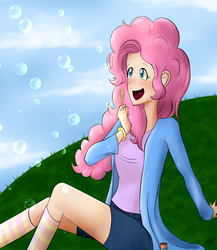 Size: 1300x1500 | Tagged: safe, artist:rmariansj, pinkie pie, human, g4, bubble, clothes, female, humanized, smiling, solo