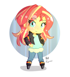 Size: 900x979 | Tagged: safe, artist:akaryuusei, sunset shimmer, human, equestria girls, g4, abstract background, chibi, cute, female, hand on hip, looking at you, shimmerbetes, solo