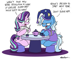 Size: 2072x1675 | Tagged: safe, artist:bobthedalek, starlight glimmer, trixie, pony, unicorn, g4, bathrobe, bed mane, clothes, female, hat, mare, messy mane, messy tail, newspaper, nightcap, paper, robe, simple background, sitting, table, teapot, third person, tired, trixie's nightcap, white background