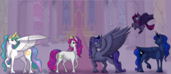 Size: 1800x780 | Tagged: safe, artist:ganashiashaka, princess celestia, princess luna, oc, oc:aurora, oc:serena, oc:somnium, oc:viola noctre, alicorn, bat pony, pony, unicorn, g4, female, filly, flying, male, mare, offspring, parent:good king sombra, parent:king sombra, parent:princess celestia, parent:princess luna, parents:celestibra, stallion, story included