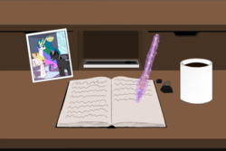 Size: 1584x1055 | Tagged: safe, artist:uri-the-espeon, princess celestia, oc, oc:final draft, g4, book, coffee mug, desk, glass pen, ink, magic, mug, offscreen character, photo, pov, writing