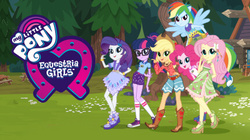 Size: 430x240 | Tagged: safe, applejack, fluttershy, pinkie pie, rainbow dash, rarity, sci-twi, twilight sparkle, equestria girls, g4, my little pony equestria girls: legend of everfree, camp fashion show outfit, converse, humane five, humane six, ponied up, shoes, sneakers, you had one job