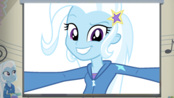 Size: 1280x720 | Tagged: safe, edit, edited screencap, screencap, trixie, equestria girls, g4, happily ever after party, happily ever after party: applejack, my little pony equestria girls: better together, cute, diatrixes, female, meme, narcissism, photobombing trixie, solo