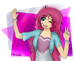 Size: 6000x5000 | Tagged: safe, artist:marcyeveret, pinkie pie, human, g4, absurd resolution, clothes, equestria girls outfit, female, humanized, messy hair, one eye closed, smiling, solo