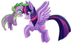 Size: 1953x1199 | Tagged: safe, artist:anthocat, spike, twilight sparkle, alicorn, dragon, pony, g4, female, flying, looking at each other, male, ship:twispike, simple background, smiling, spikelove, spread wings, transparent background, twilight sparkle (alicorn), vector, wings