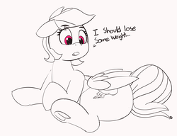 Size: 4771x3668 | Tagged: safe, artist:pabbley, rainbow dash, pegasus, pony, 30 minute art challenge, butt, female, frog (hoof), implied weight gain, lineart, monochrome, need to go on a diet, need to lose weight, partial color, plot, rainbutt dash, solo, speech, thick, underhoof, weight gain