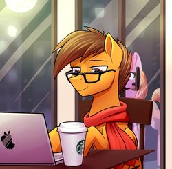 Size: 2500x2450 | Tagged: safe, artist:rubywave32, oc, oc only, oc:compylight, pegasus, pony, computer, glasses, high res, laptop computer, male, pegasus oc, solo focus, stallion, starbucks