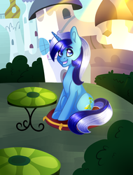 Size: 2841x3737 | Tagged: safe, artist:ri20, minuette, pony, unicorn, g4, canterlot, female, high res, sitting, sitting on pillow, smiling, solo