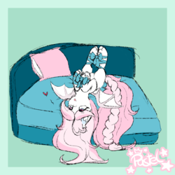 Size: 2000x2000 | Tagged: safe, artist:pastel-pony-princess, oc, oc only, oc:sylphie, bat pony, bat pony oc, bed, bondage, gift wrapped, heart, heart eyes, high res, on back, on bed, ribbon, silly, solo, tongue out, wingding eyes