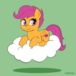 Size: 1000x1000 | Tagged: safe, artist:empyu, scootaloo, pegasus, pony, g4, 30 minute art challenge, cloud, cute, cutealoo, female, filly, green background, looking at you, on a cloud, simple background, sitting on a cloud, solo, the cmc's cutie marks