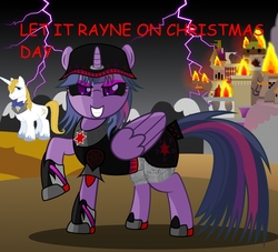 Size: 1024x929 | Tagged: artist needed, safe, prince blueblood, oc, oc:rayne, alicorn, pony, unicorn, fanfic:let it rayna on christmas day, g4, alicorn oc, bowtie, canterlot, castle, clothes, fanfic, fanfic art, fanfic cover, fire, grin, hat, lightning, not twilight sparkle, raised hoof, shoes, slit pupils, smiling, unshorn fetlocks