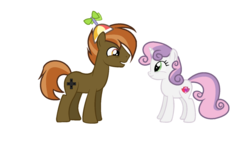 Size: 1024x580 | Tagged: safe, artist:snowmoon333, button mash, sweetie belle, earth pony, pony, unicorn, g4, female, looking at each other, looking at someone, male, mare, older, older button mash, older sweetie belle, ship:sweetiemash, shipping, simple background, straight, white background