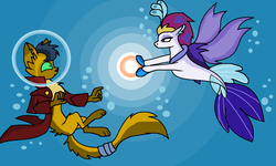 Size: 1088x654 | Tagged: source needed, safe, artist:pencil bolt, capper dapperpaws, queen novo, abyssinian, cat, seapony (g4), anthro, digitigrade anthro, g4, my little pony: the movie, bubble, chest fluff, clothes, coat, underwater