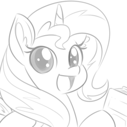 Size: 500x500 | Tagged: dead source, safe, artist:reiduran, sunset shimmer, pony, unicorn, g4, book, cute, ear fluff, female, filly, grayscale, looking at you, monochrome, open mouth, shimmerbetes, smiling, solo, younger