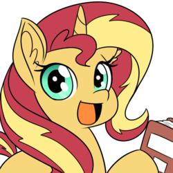 Size: 500x500 | Tagged: dead source, safe, artist:reiduran, sunset shimmer, pony, unicorn, g4, book, colored, cute, ear fluff, female, filly, looking at you, open mouth, shimmerbetes, simple background, smiling, solo, white background, younger