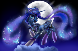 Size: 1500x990 | Tagged: safe, artist:vanezaescobedo, princess luna, alicorn, pony, g4, alternate hairstyle, anime, clothes, cosplay, costume, crossover, ethereal mane, female, full moon, galaxy mane, looking at you, mare, moon, sailor moon (series), sailor woon, smiling, solo
