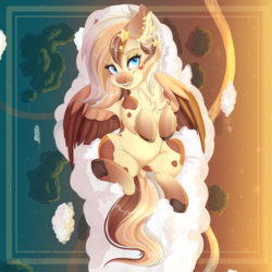 Size: 1600x1600 | Tagged: safe, artist:pvrii, oc, oc only, oc:heavenly hazelnut, pegasus, pony, cloud, dock, female, looking at you, mare, smiling, solo, tail